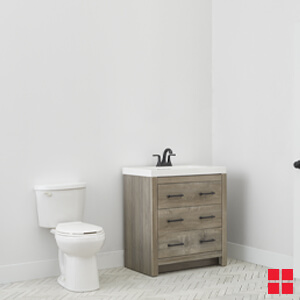 A toilet and sink in a bathroom with white walls and a white tile floor. 