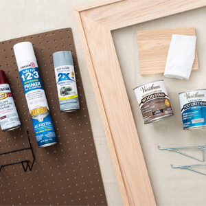 Paint, Wood Stain And Supplies To Make Framed Peg Board