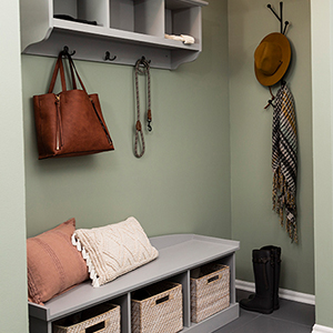 A room with sage green walls.