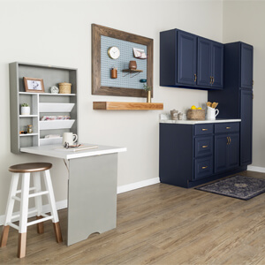 Kitchen With Pegboard, Shelf, And Murphy Desk On Wall 