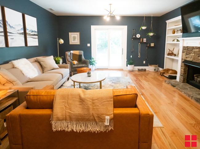 A living room with dark blue walls.