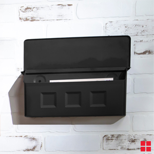 Black mailbox on the side of a house.