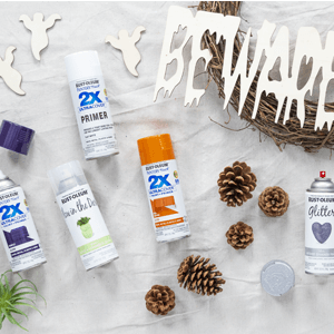 Cans of Rust-Oleum spray paint and an undecorated wreath.