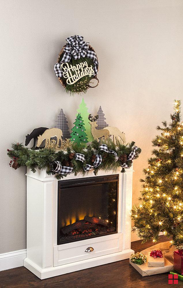 DIY holiday wreath hanging over a fireplace. 