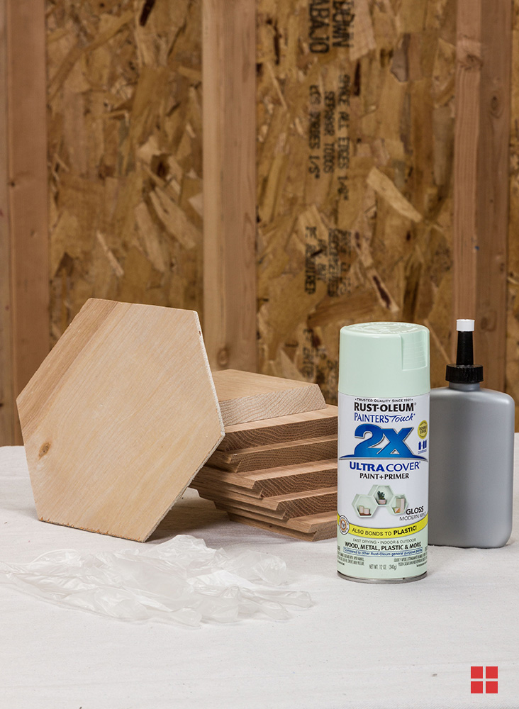 Unfinished wooden hexagon pieces next to a can of Rust-Oleum 2X Ultra Cover Spray Paint and a bottle of wood glue.
