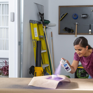 Woman spraying purple paint on a fake pumpkin.