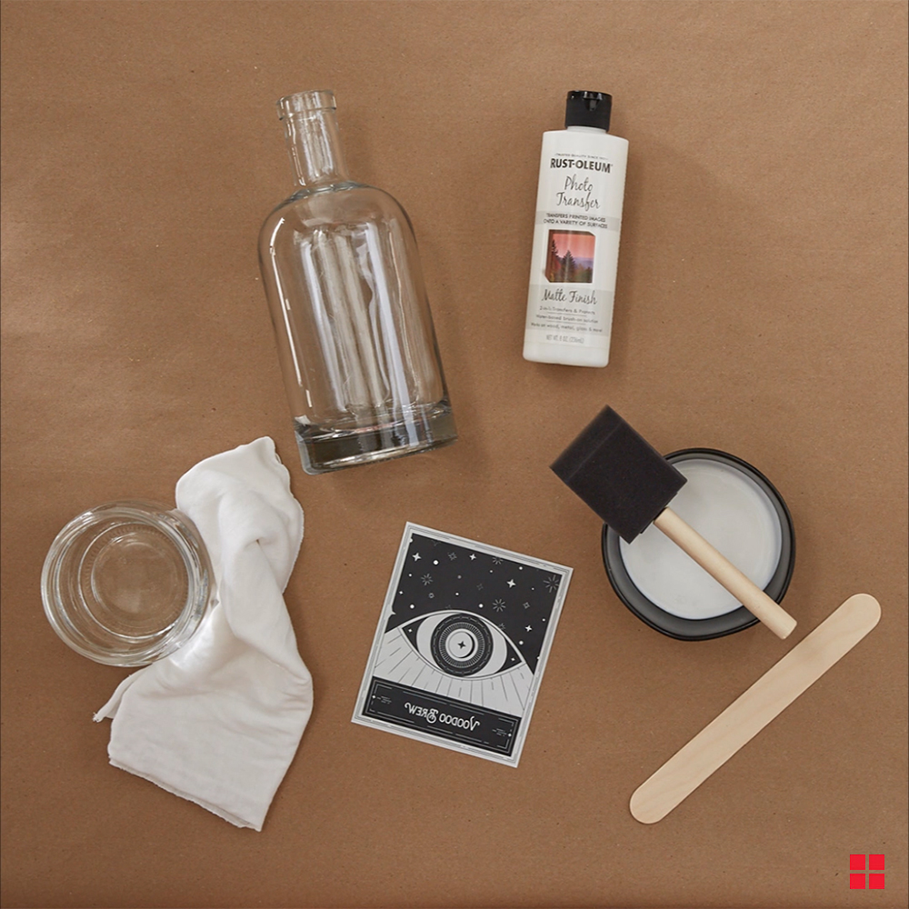 Glass bottles, Rust-Oleum Photo Transfer and other project supplies.