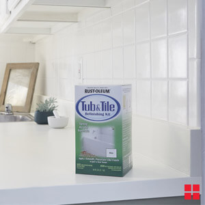 A Rust-Oleum Tub & Tile Refinishing Kit on a white kitchen countertop.