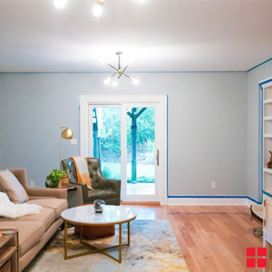 A living room with light gray walls.
